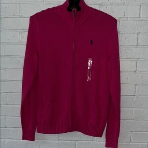 NWT Ralph Lauren Sport Women's Fuchsia Zip Cardigan Split Kangaroo Pockets Sz. L